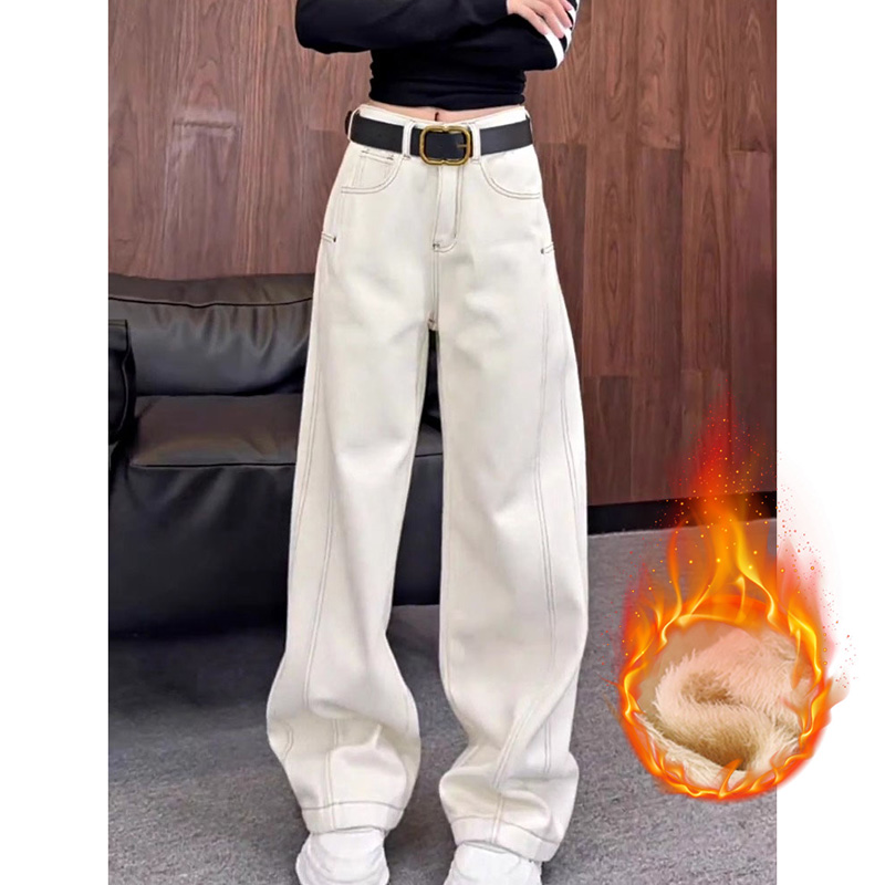 秋冬白色阔腿弯刀牛仔裤女加绒2025新款高腰宽松显瘦垂感直筒裤子