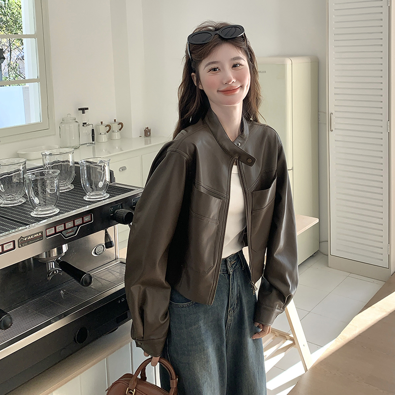 美式复古小个子pu皮夹克机车服女2025春秋新款高级感短款皮衣外套