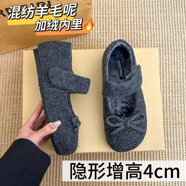 内增高4cm小个子加绒勃肯鞋女鞋子魔术贴冬季灰色毛呢单鞋毛毛鞋