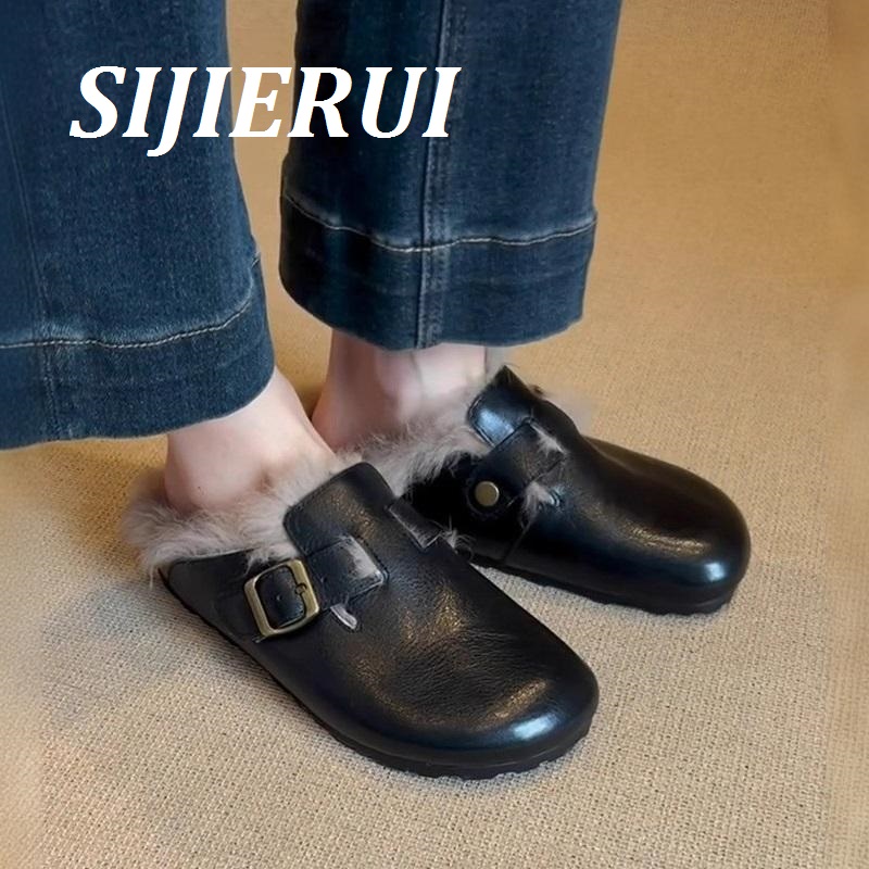SIJIERUI一脚蹬懒人毛毛勃肯鞋女复古加绒外穿保暖半拖鞋百搭棉鞋