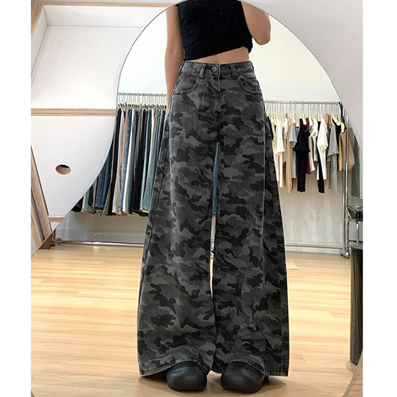 300斤大码美式复古高街迷彩工装牛仔裤女新款高腰宽松显瘦阔腿裤2
