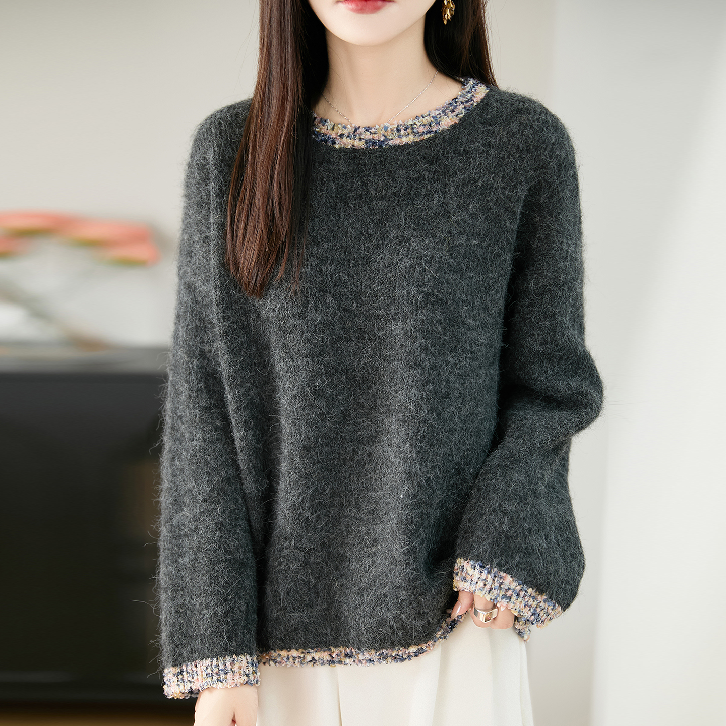 胖mm秋冬特大码女士慵懒风毛衣宽松遮肚子显瘦上衣内搭针织打底衫