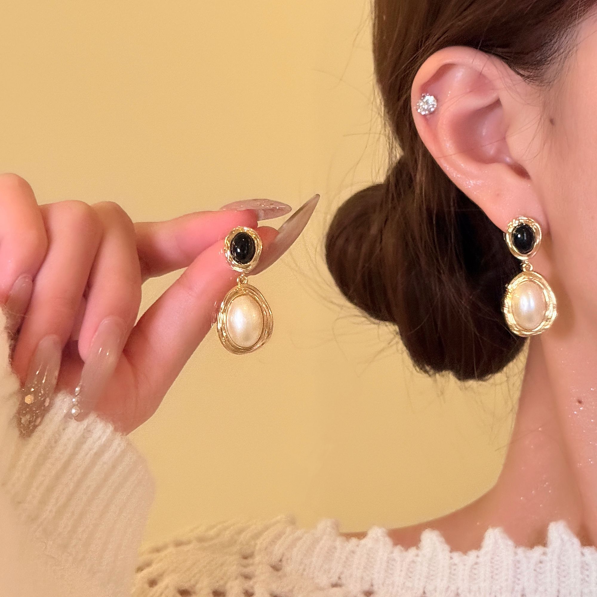 铜合金树脂耳饰 柏林知秋 虎眼石珍珠耳环早秋琥珀流光系小众耳环