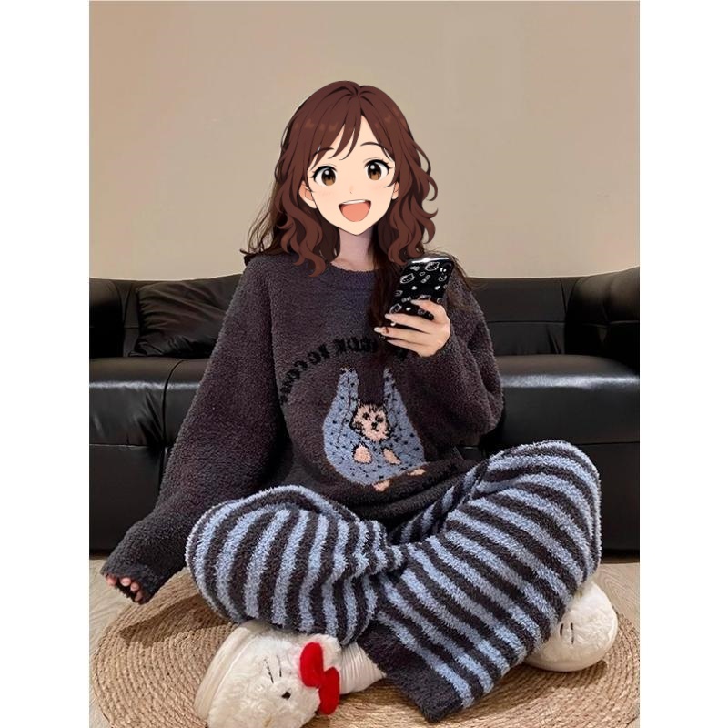 2025加厚条纹软绵绵半边绒睡衣女冬秋季半边绒保暖家居服可外穿