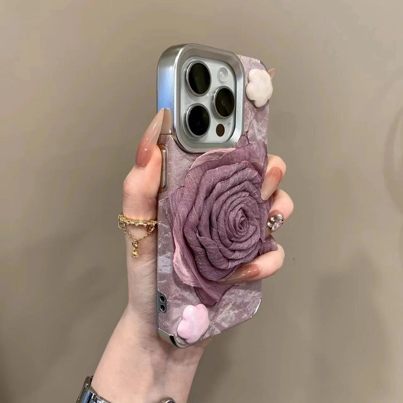 电镀雪山纹羽纱玫瑰适用苹果16promax手机壳15pro青苹果手机壳14