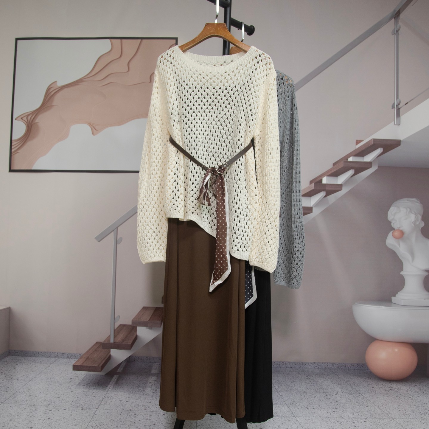 慵懒风镂空长袖罩衫针织衫 吊带背心裙两件套女2025早秋新款7010