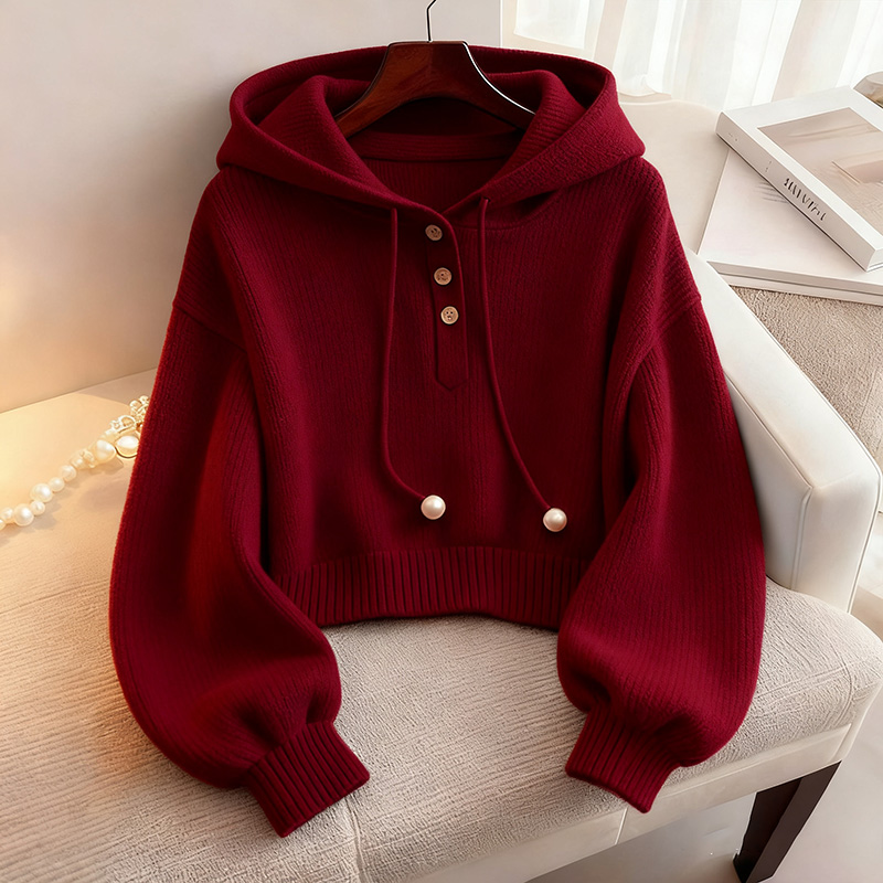 小众别致红色连帽抽绳针织卫衣秋季韩系慵懒风时尚洋气舒适打底衫