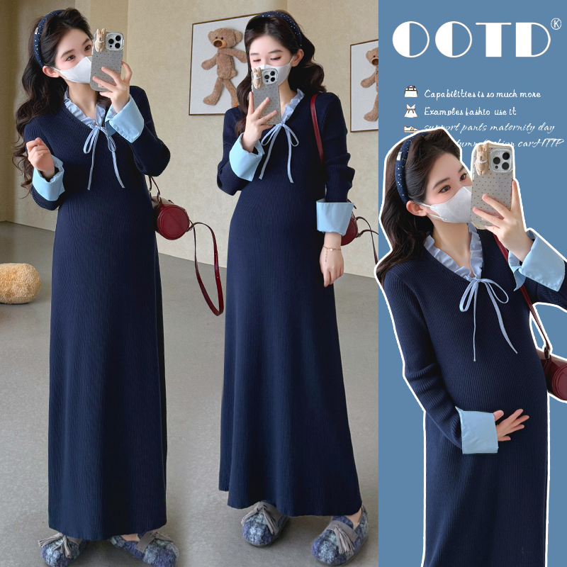 时髦孕妇装新款2025冬新款时尚气质减龄加长高品质包芯纱连衣裙