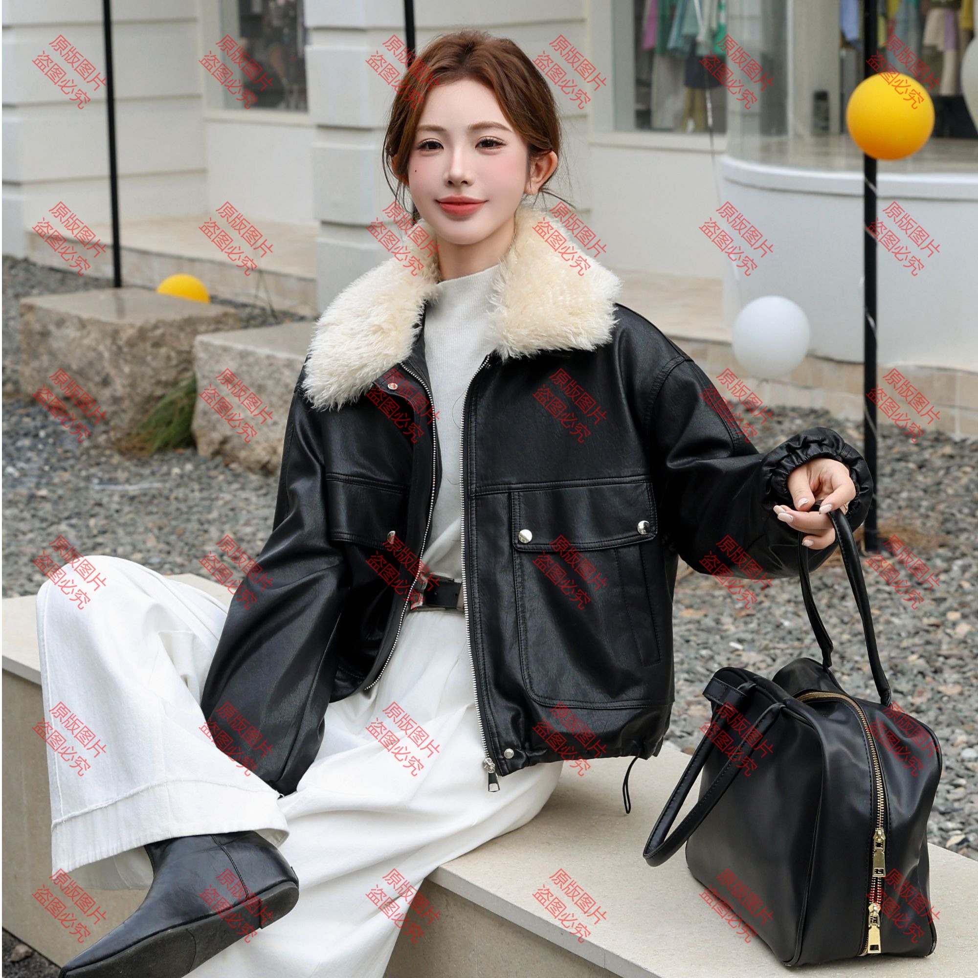 加绒加厚皮衣外套女短款2025冬新款大翻领拼接保暖复古上衣8912