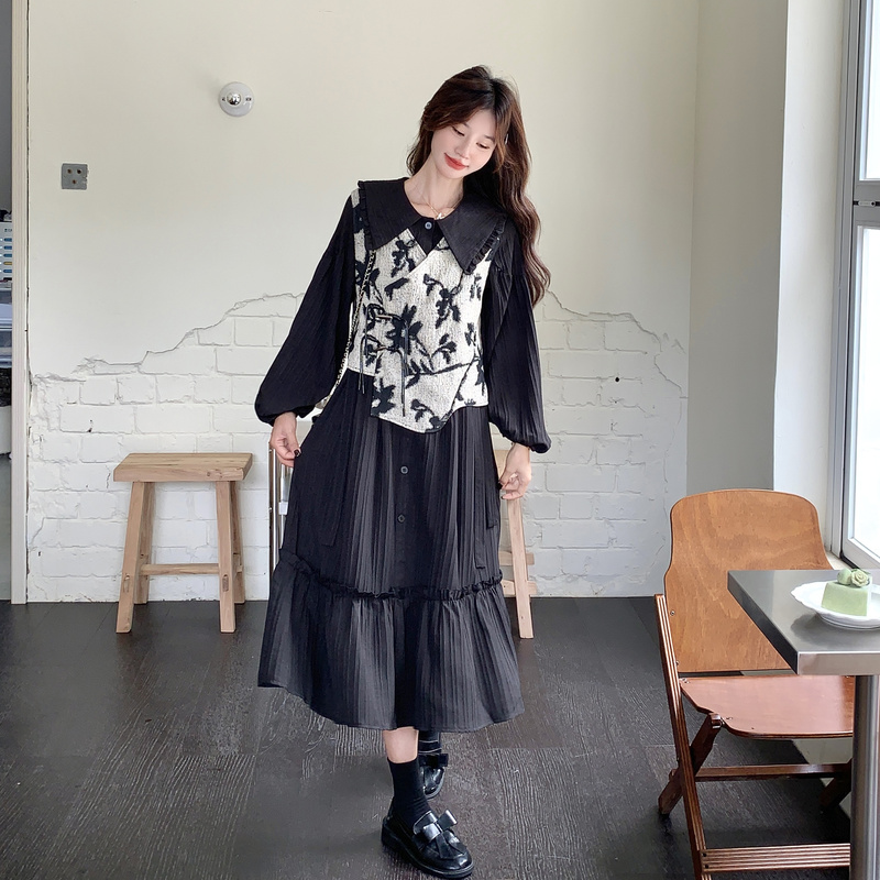法式气质时尚套装裙女2025秋季新款黑白撞色刺绣马甲连衣裙两件套