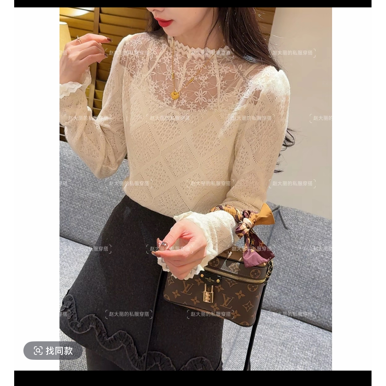 2025镂空半高领拼接泡泡袖蕾丝衫上衣