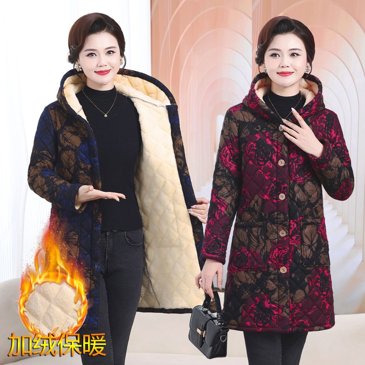 中老年妈妈加绒加厚棉衣冬季新款棉袄连帽中长款棉服大码外套保暖