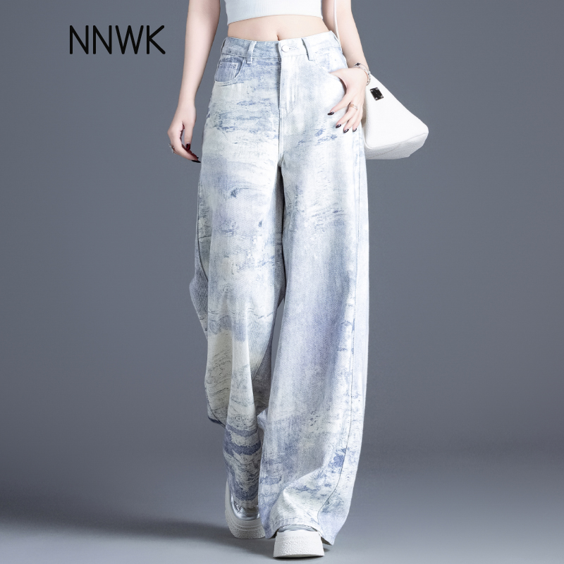 复古扎染牛仔裤女款爆款2025新款春秋季宽松显瘦阔腿裤休闲直筒裤