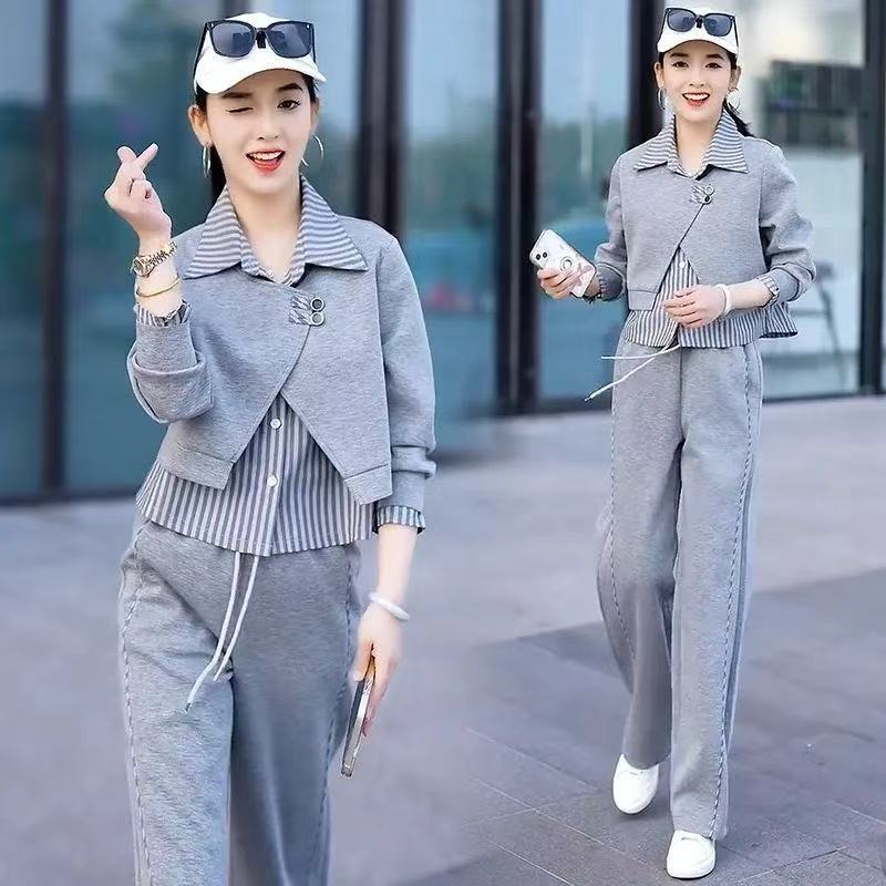 时尚气质套装女2025春秋新款洋气阔腿裤假两件长袖卫衣宽松两件套