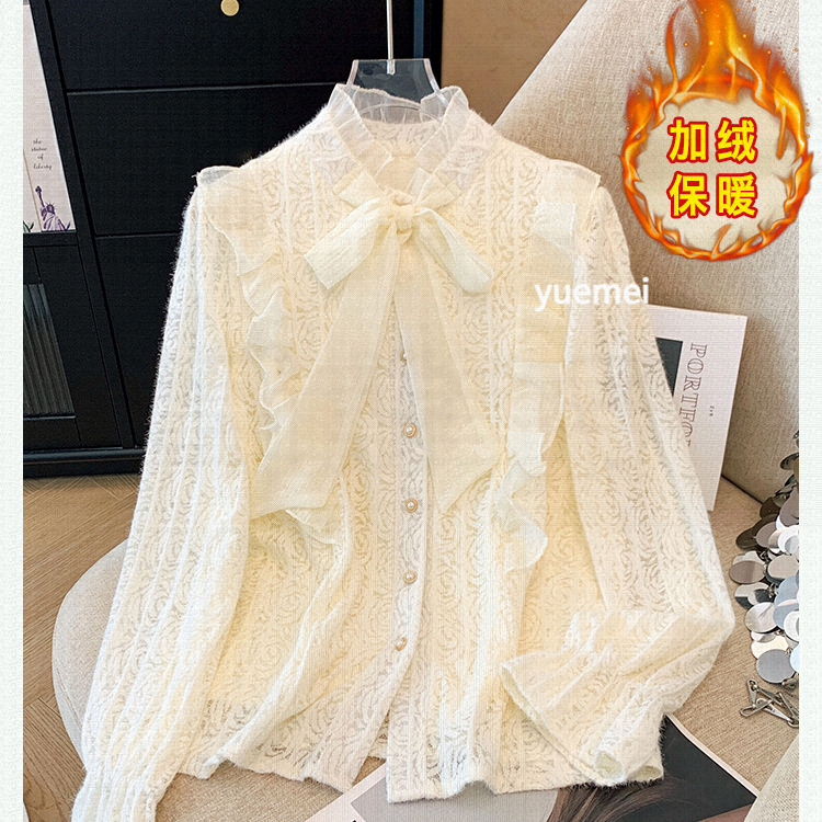 奥特莱斯【本月爆款】白色系带蝴蝶结衬衣蕾丝衫女洋气款加绒