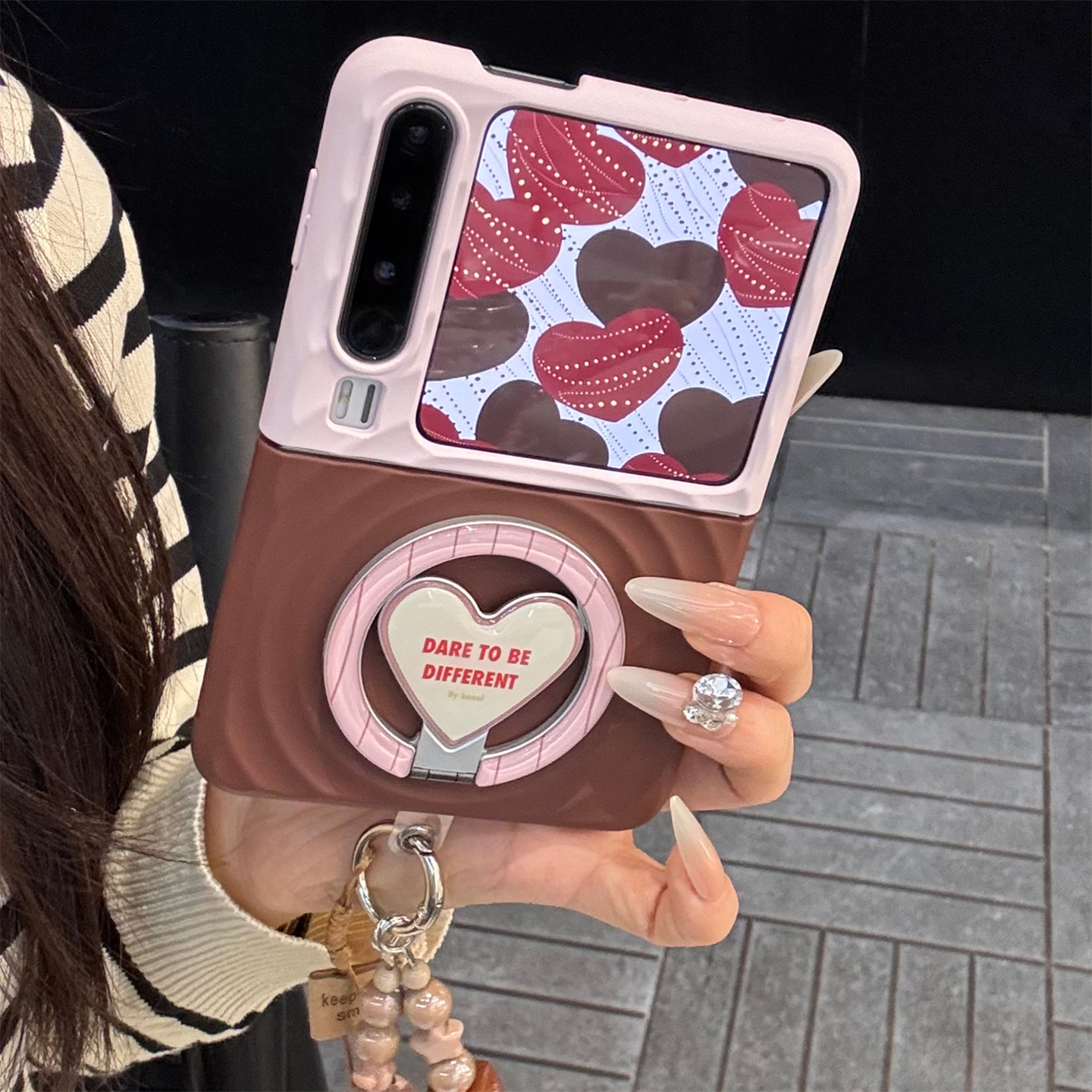 适用华为purax折叠屏手机壳粉棕色pocket2波漾纹爱心折叠磁吸支架