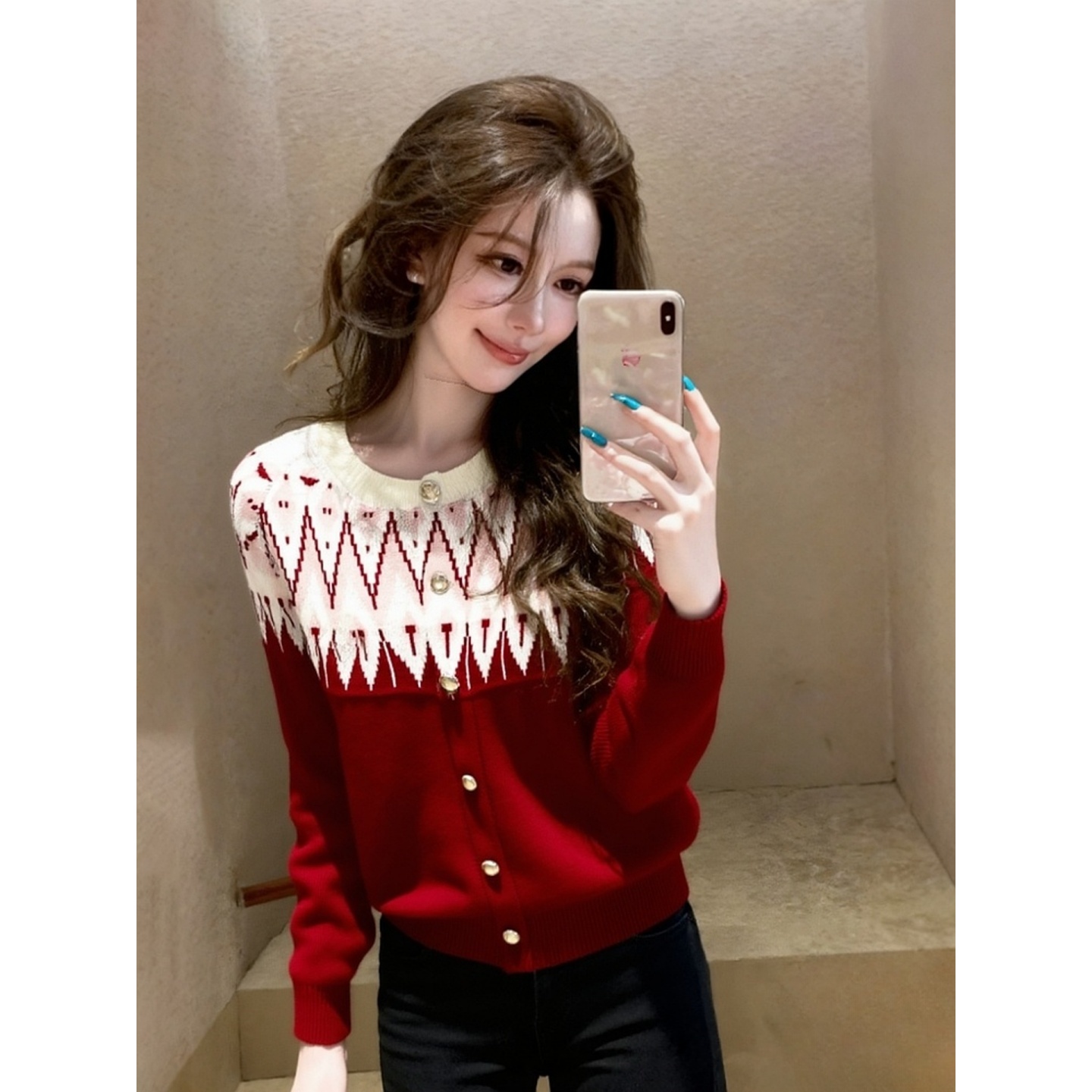 2025秋冬新品撞色针织毛衣女收腰荷叶边修身显瘦法式复古风上衣潮