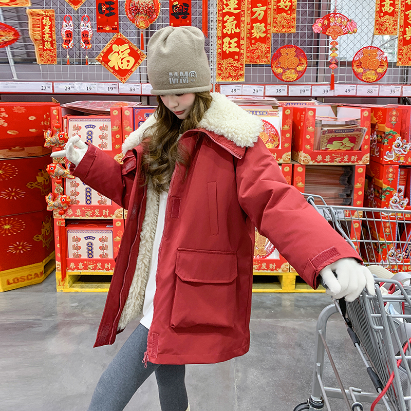 新年红色派克棉服女2024冬季新款韩系减龄小个子加绒加厚外套百搭