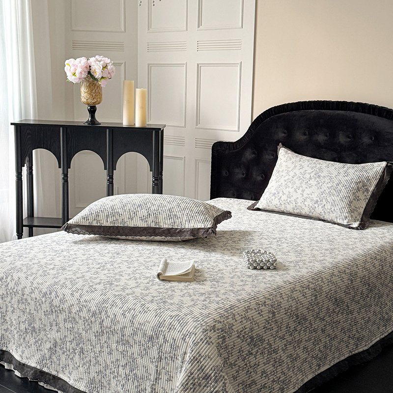 法式轻奢全棉花边床盖三件套碎花夹棉加厚床盖四件套高端可水洗