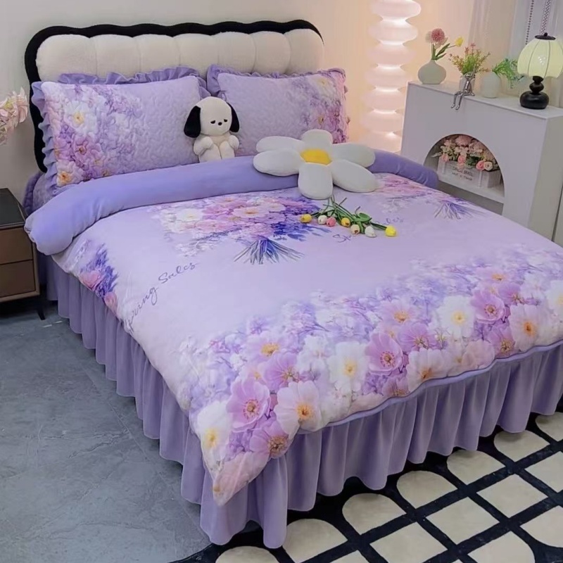 2秋冬款牛奶绒加厚夹棉床盖四件套蕾丝高克重防滑保暖床上用品