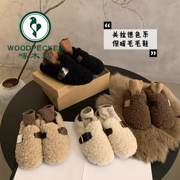 啄木鸟加绒保暖秋冬新款两穿式金属扣平底软底毛毛鞋勃肯鞋女棉鞋