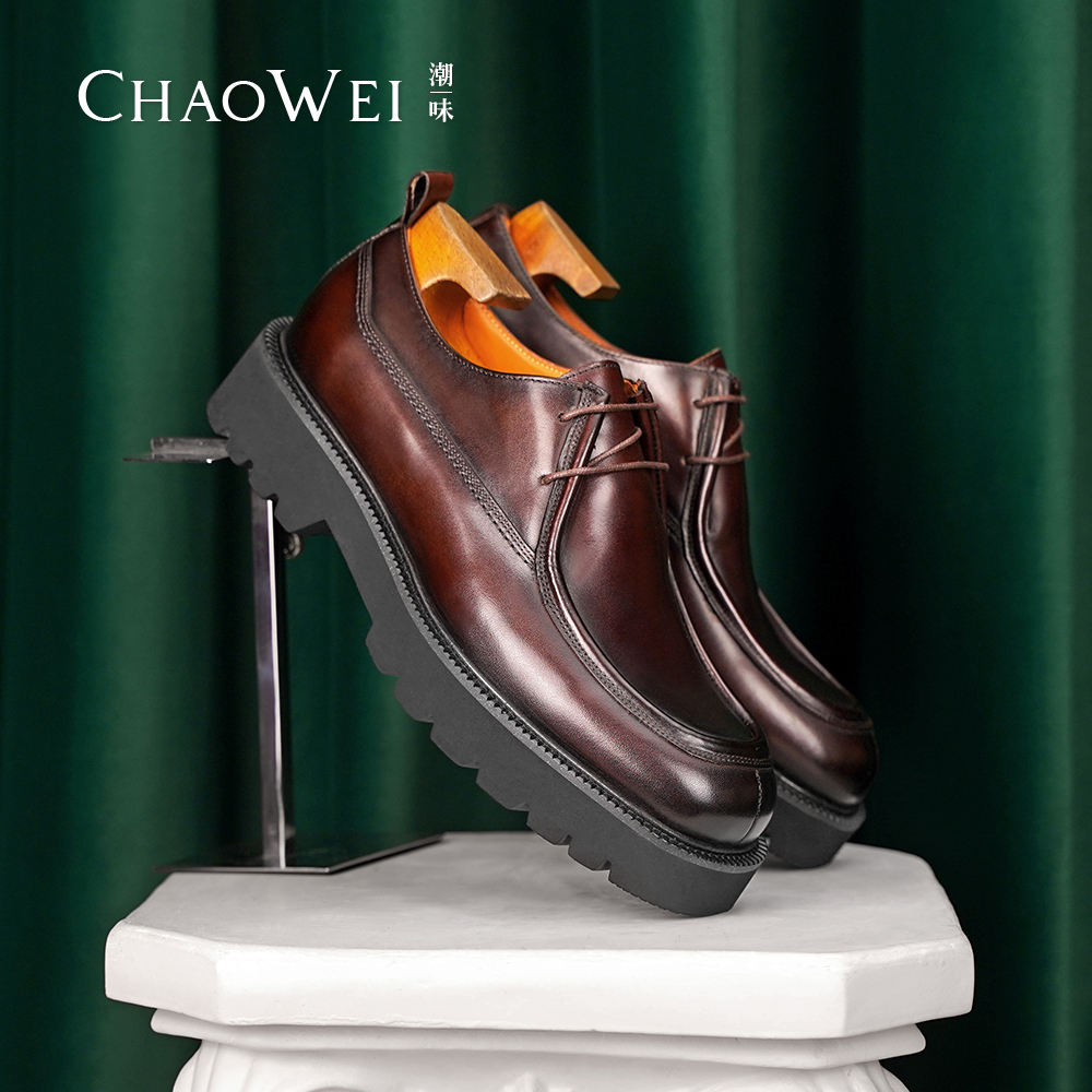 潮味秋季新款圆头轻便厚底增高皮鞋时尚英伦痞雅商务休闲德比鞋K1