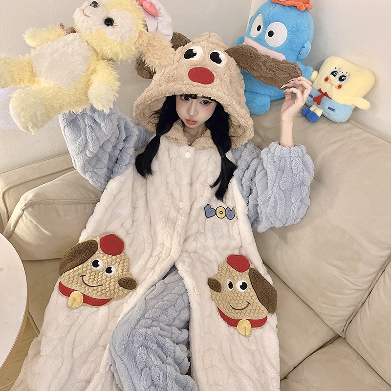 运补【腊肠狗狗】睡袍新款冬季加绒加厚秋冬冬天保暖少女睡衣家居服