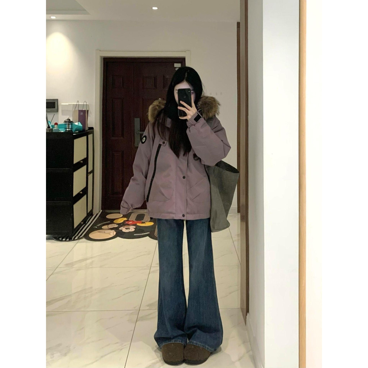 冬季穿搭一整套装女大码胖mm紫色大毛领连帽派克棉服外套牛仔裤子