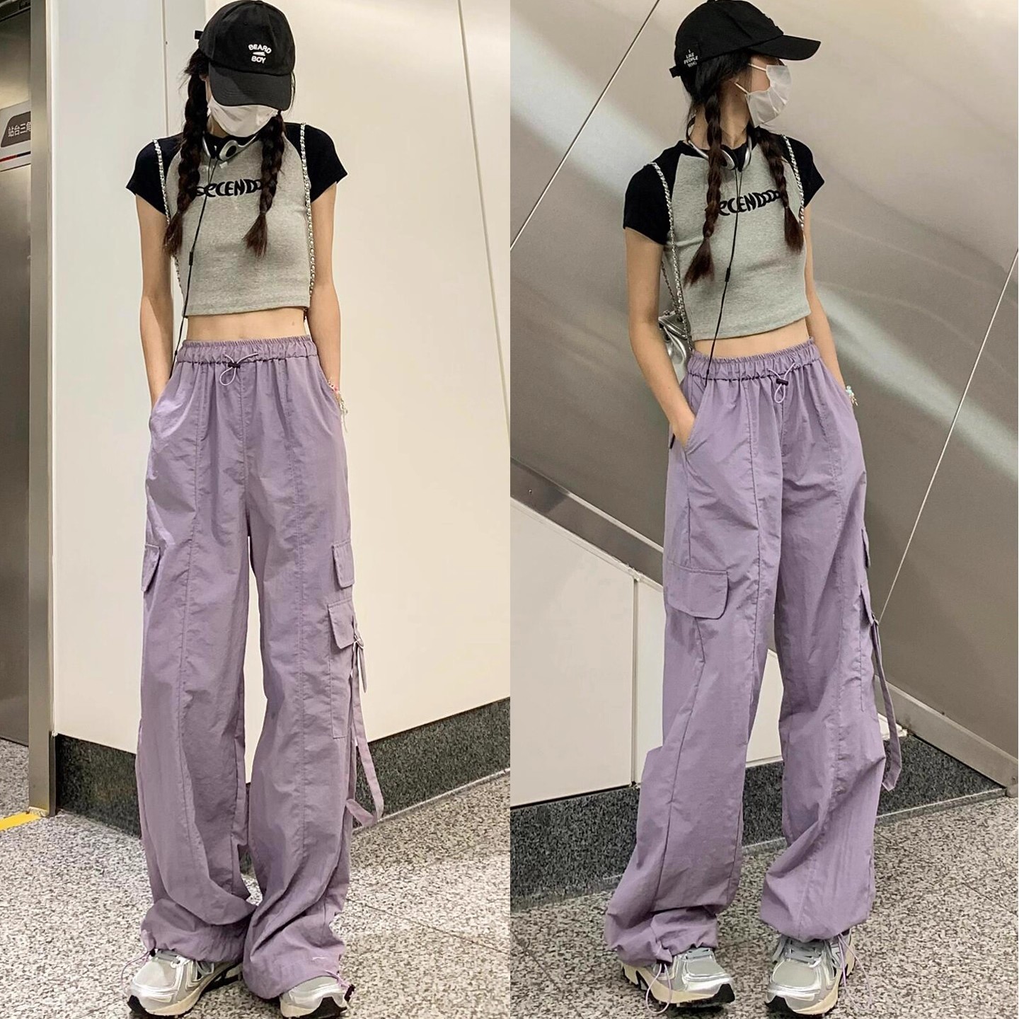 紫色两穿运动工装裤女夏季薄款高腰显瘦休闲速干直筒休闲阔腿裤子