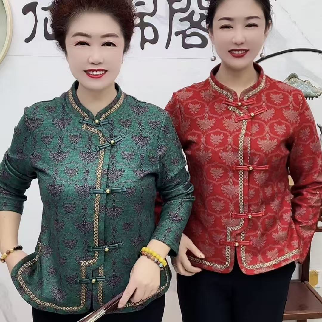洋红色/孔雀绿/大青花凤尾腰果加绒上衣中老年女装气质减龄显瘦