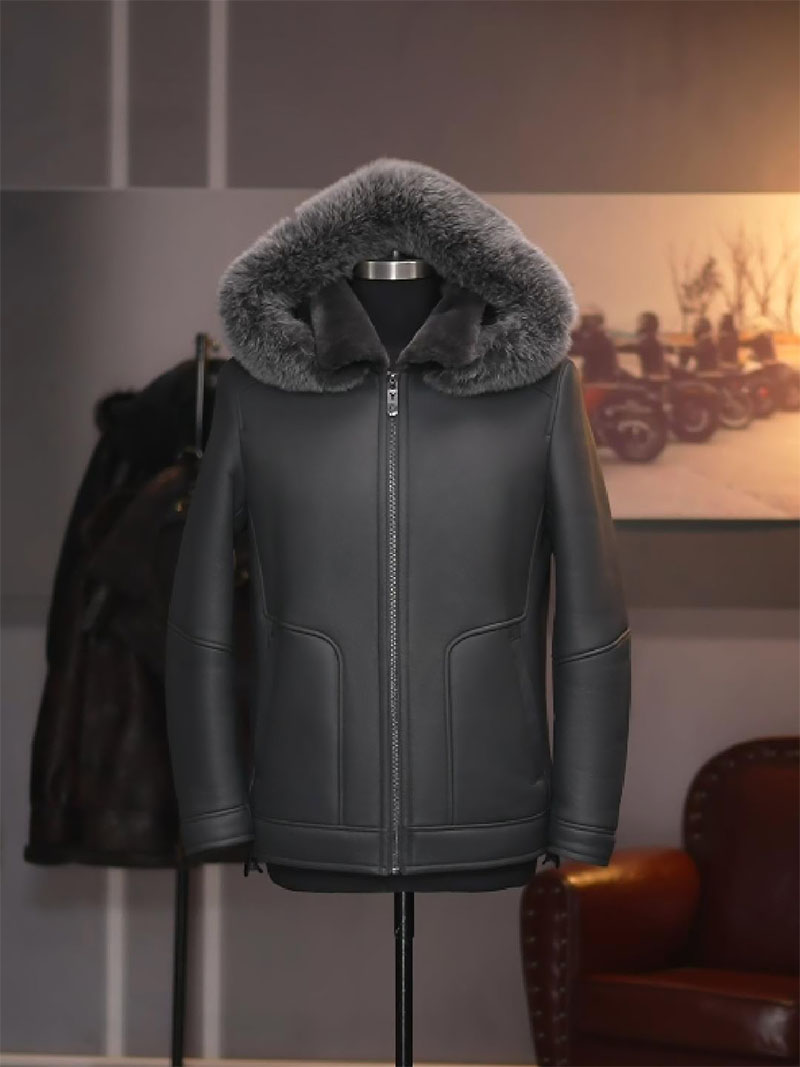 灰色8910休闲原生态皮毛一体男冬季厚真皮毛皮草外套夹克保暖连帽