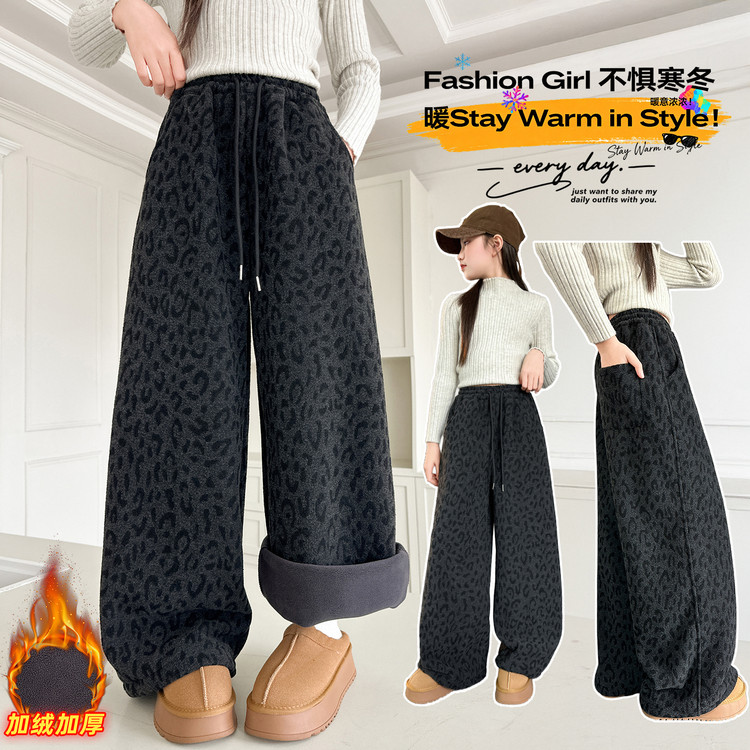 女童冬季加厚阔腿裤2025新款儿童冬装加绒宽松豹纹直筒长裤休闲裤