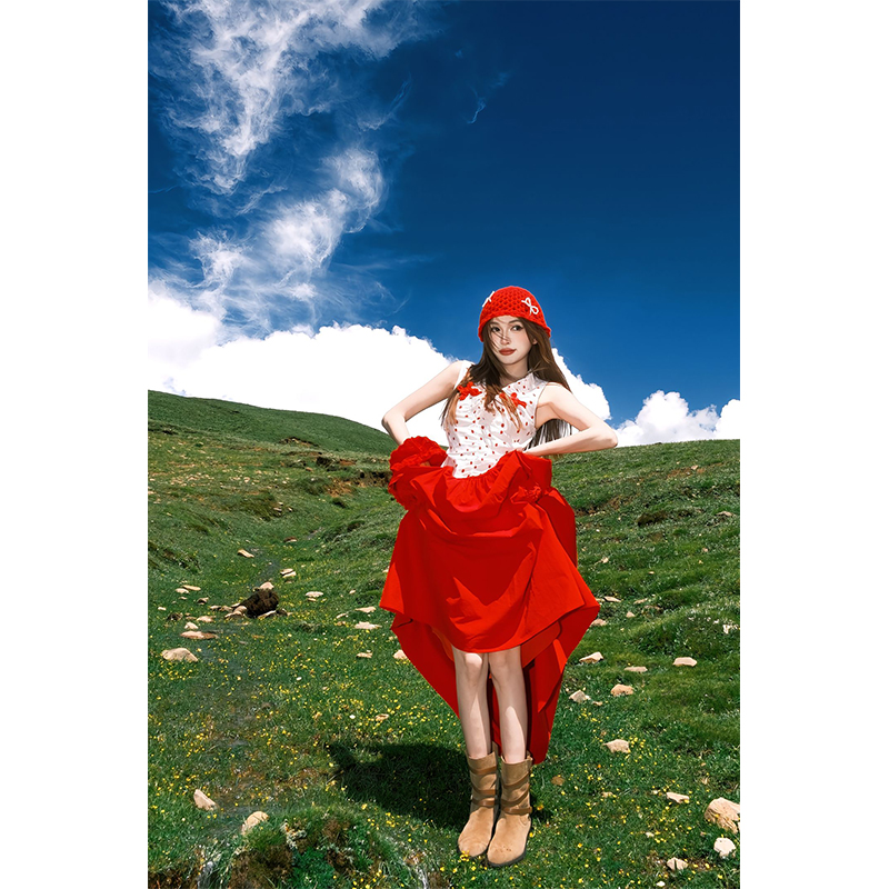 多巴胺穿搭女士夏季无袖波点衬衫背心上衣红色高腰梨形半身裙伞裙