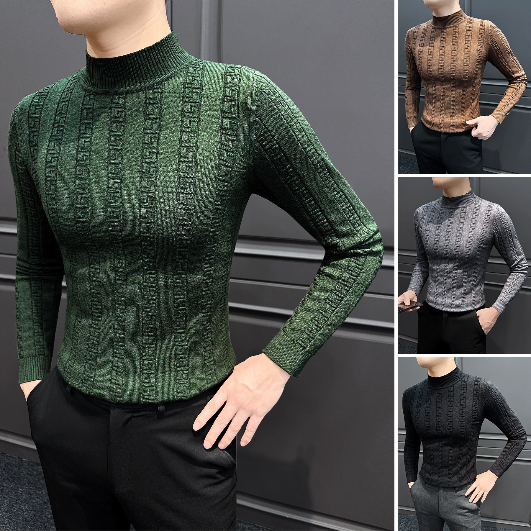 莫代尔针织打底衫男款爆款2025新款男装冬季款抗起球条纹长袖t恤
