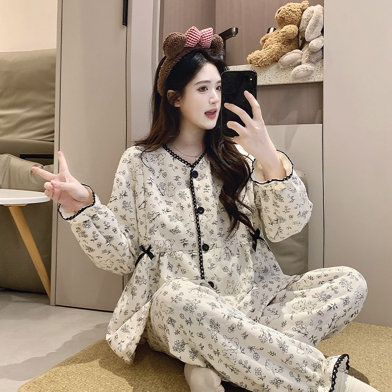 秋冬月子服产后加厚夹棉冬季款哺乳喂奶空气棉孕妇睡衣家居套装