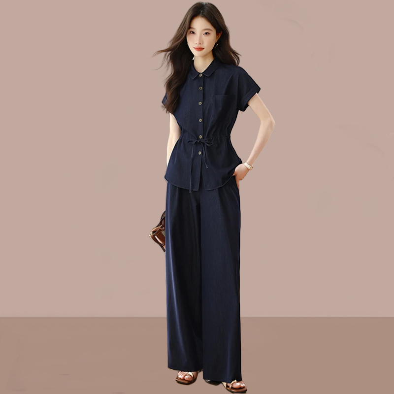 休闲收腰短袖上衣高腰阔腿裤套装女2025年夏季新款韩系气质两件套