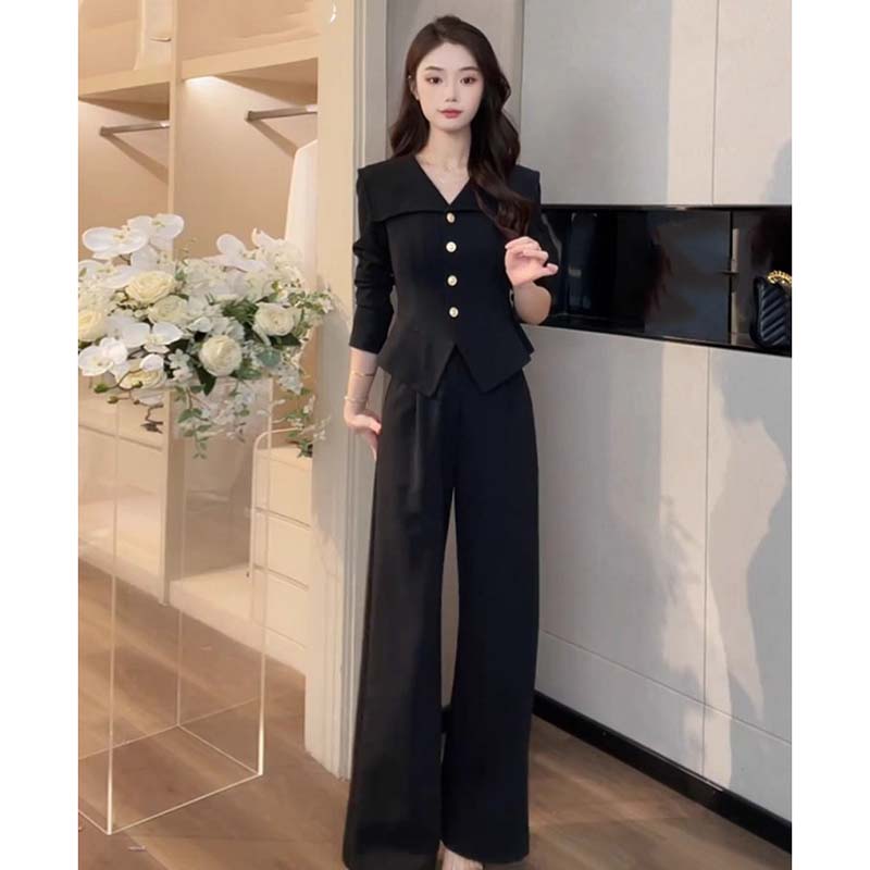 【两件套】流行穿搭一整套黑色阔腿裤套装女大方得体两件套D3488