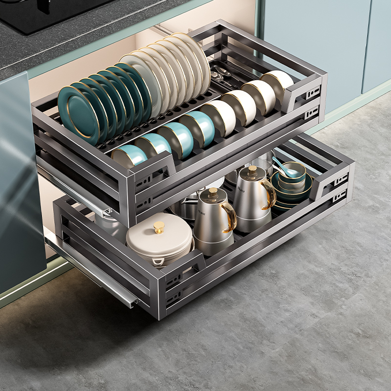 百悍拉篮碗篮厨房橱柜双层304不锈钢抽屉式家用收纳篮调料调味篮