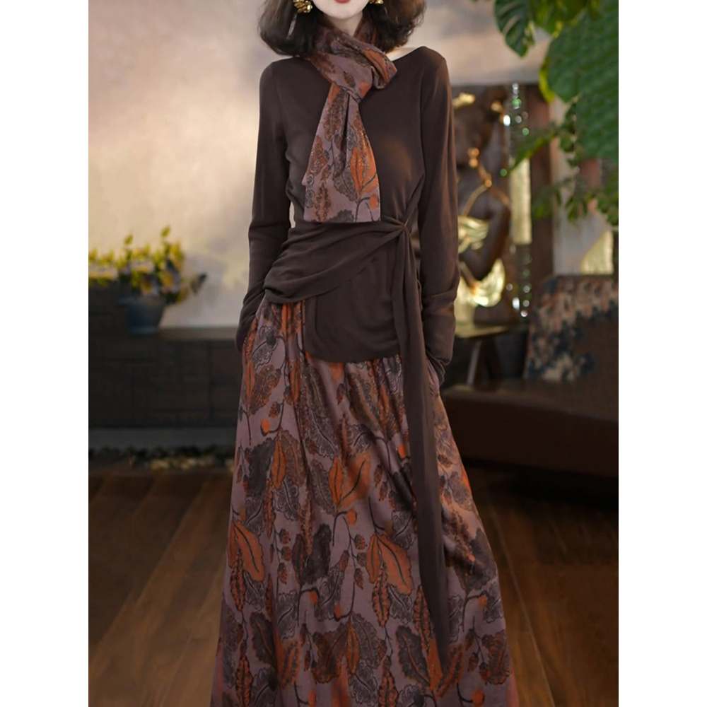 送丝巾!好看文艺风裙套装女2025秋季新款休闲显瘦纯色上衣+半身裙