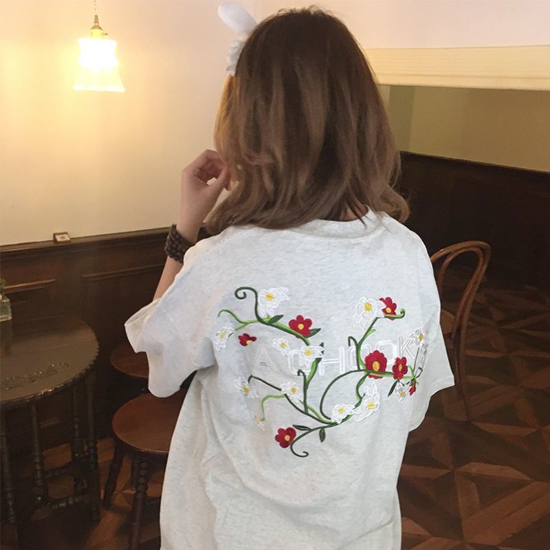 NASA ROAD工艺花卉刺绣短袖T恤女夏季新款美式高街复古情侣上衣服