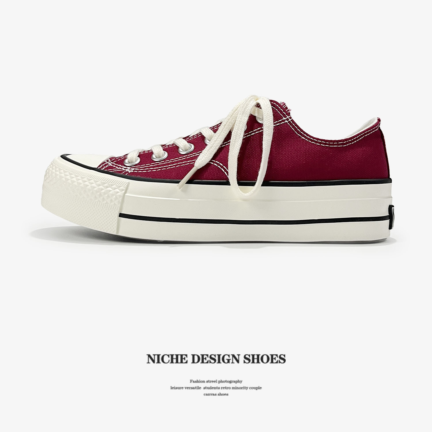 日系冈山厚底增高酒红色帆布鞋女休闲鞋休闲增高运动鞋女