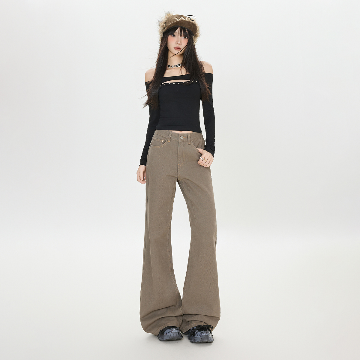 Busrr美拉德复古咖色高腰微喇叭牛仔裤女新款百搭不贴腿显瘦长裤