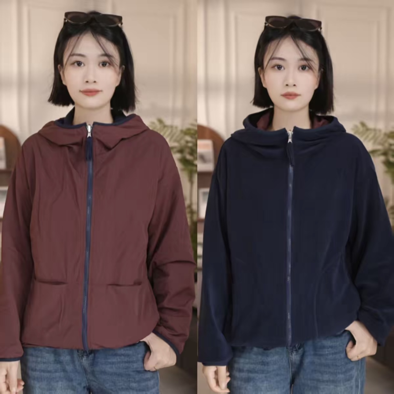 2025年休闲秋冬季新款双面穿百搭简约连帽加绒上衣防风外套女潮