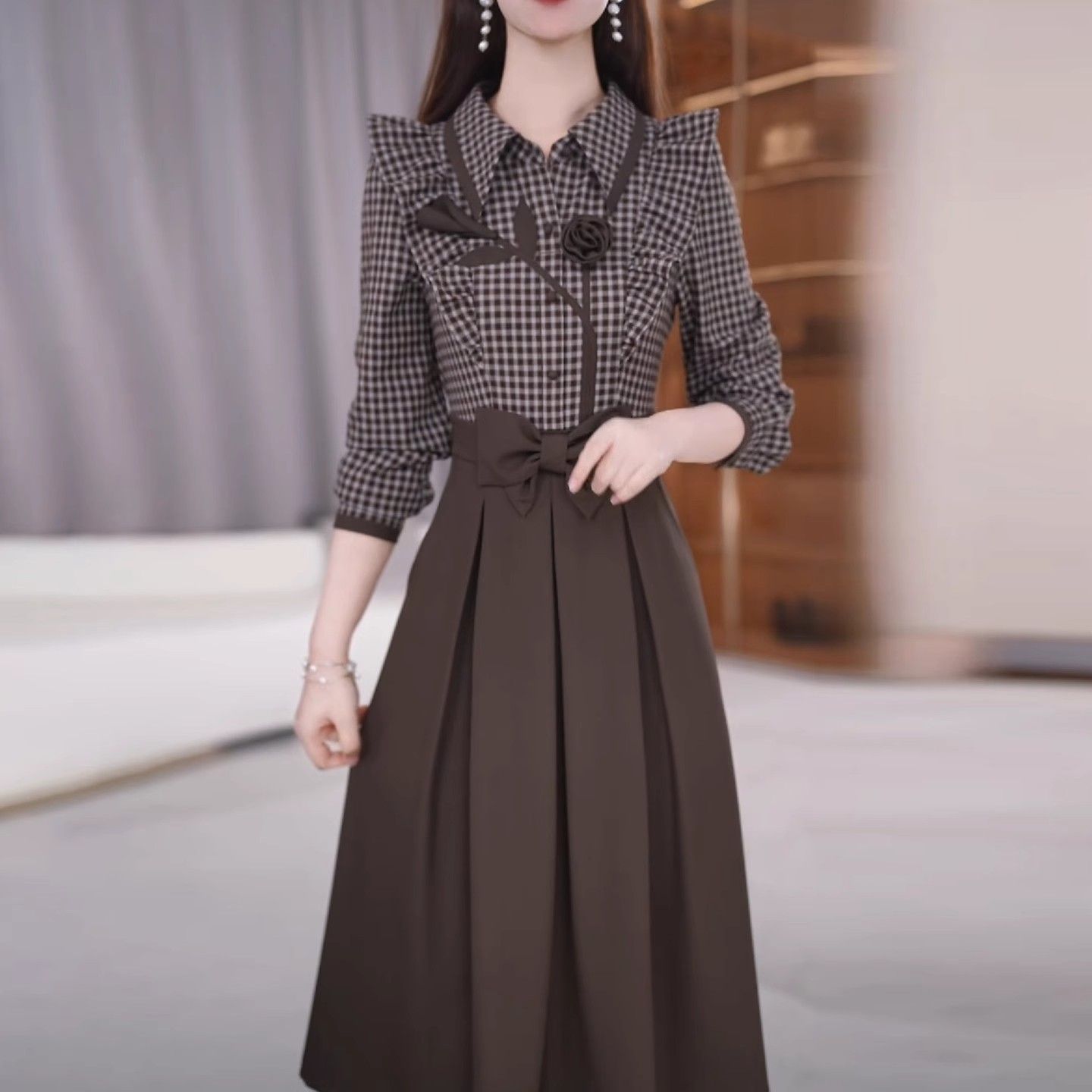 高级时尚格子百搭连衣裙2025秋季新款奢华超仙连衣裙女5500#
