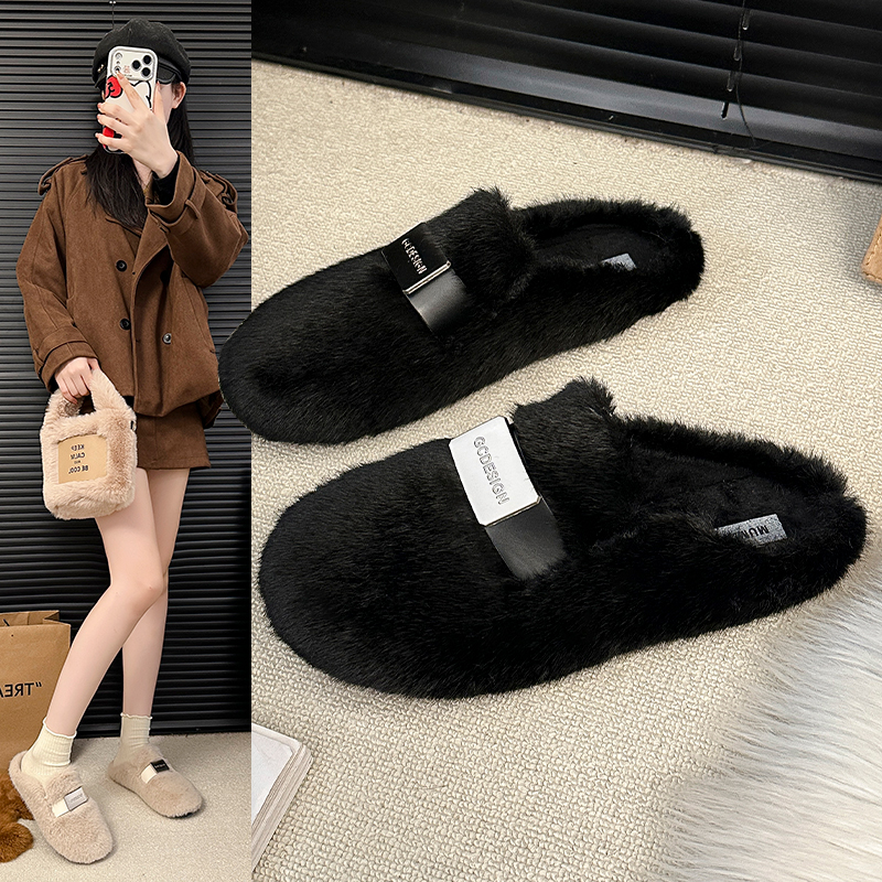2025新款女毛毛鞋半包头毛毛拖鞋时尚百搭网红爆款金属扣毛毛半拖