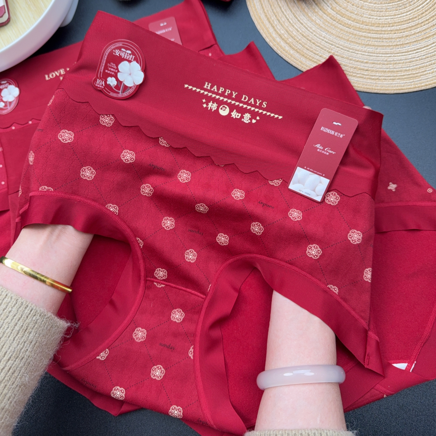 5条装～高腰塑型新疆棉安哥拉红大码女内裤桑蚕丝底档三角裤衩A22