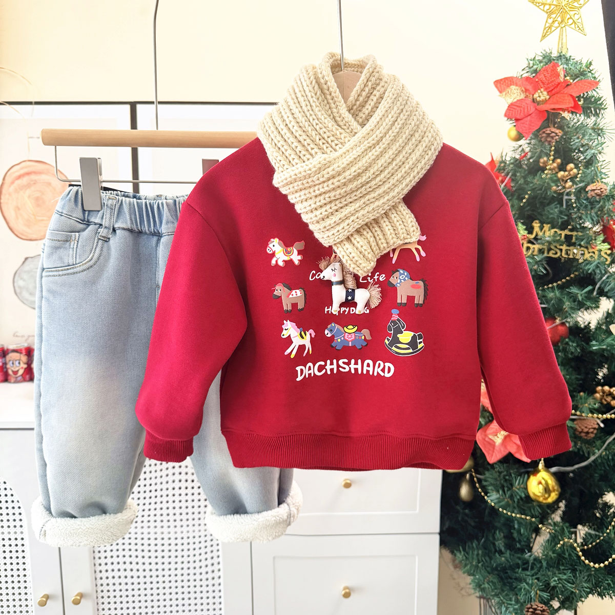 【秋冬加绒】新款儿童卫衣刺绣小马年红色男女童装宝宝洋气冬季上衣