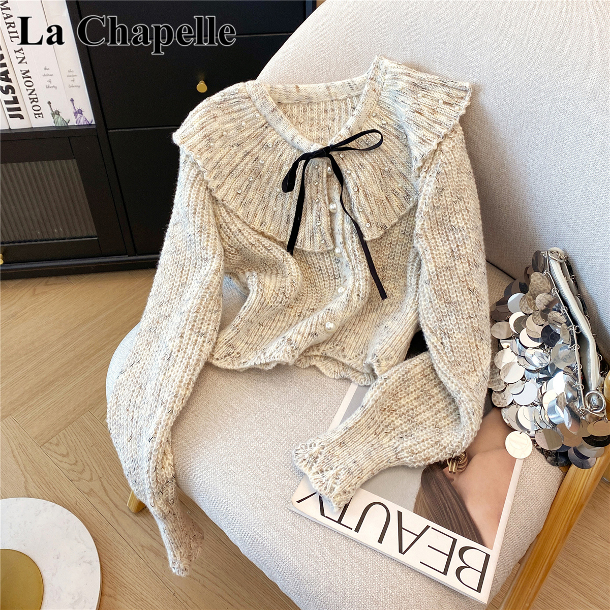 拉夏贝尔甜美减龄毛衣女秋冬新款高级感重工镶钻小众针织打底上衣