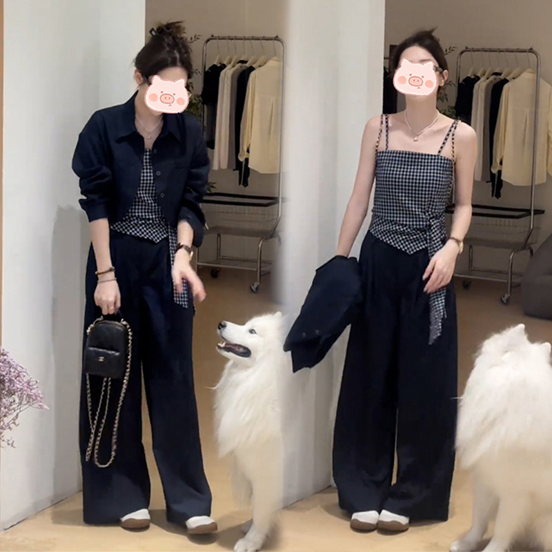 早秋超好看松弛感韩系休闲显瘦套装百搭外套格子吊带阔腿裤三件套