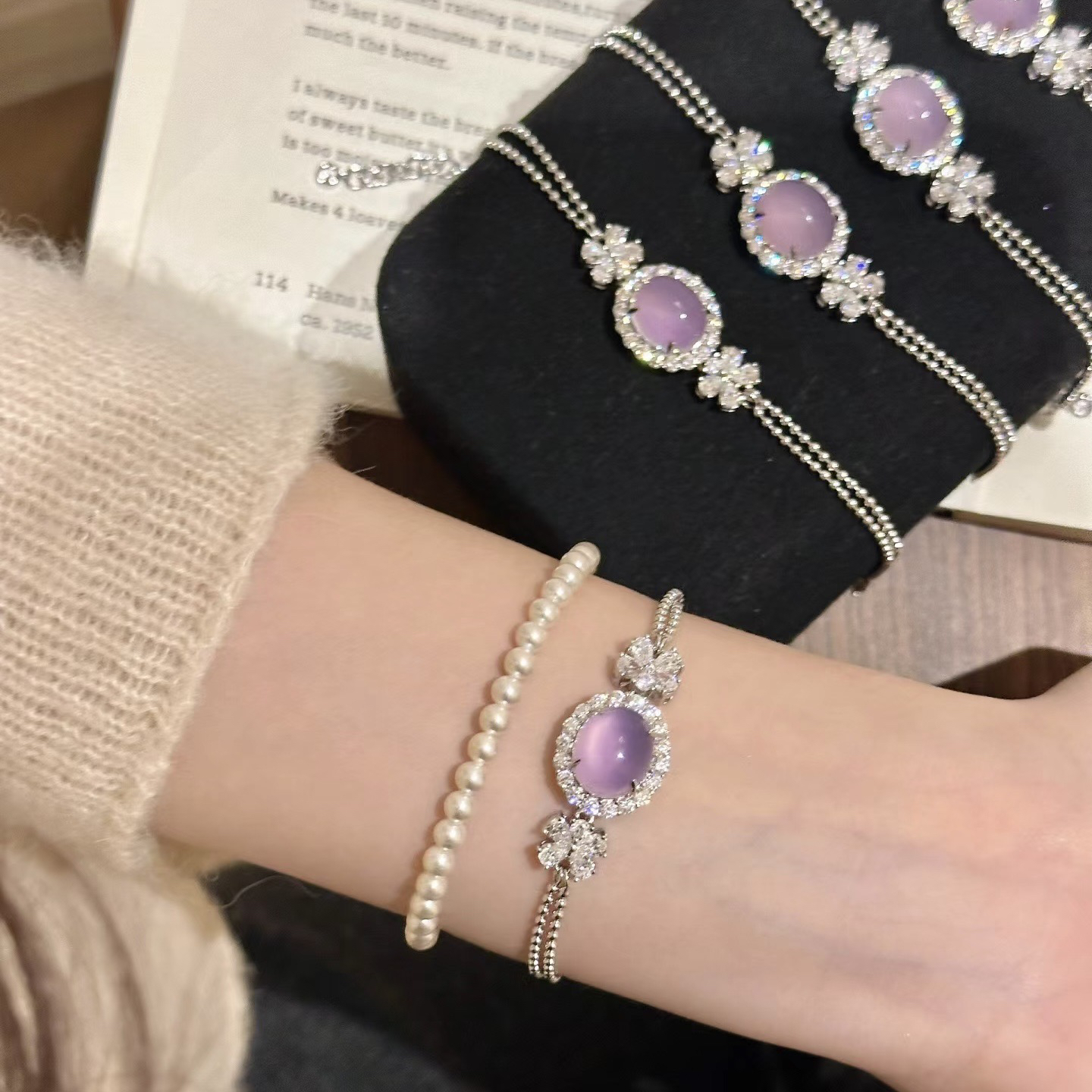 高定！新中式天然紫玉髓手链女手工镶嵌冰透紫罗兰蛋面手链气质